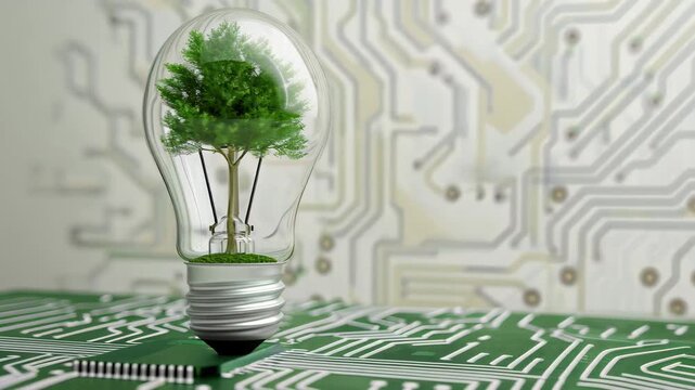 A light bulb filled with trees symbolizes eco-friendly technology and sustainable innovation in a digital world.