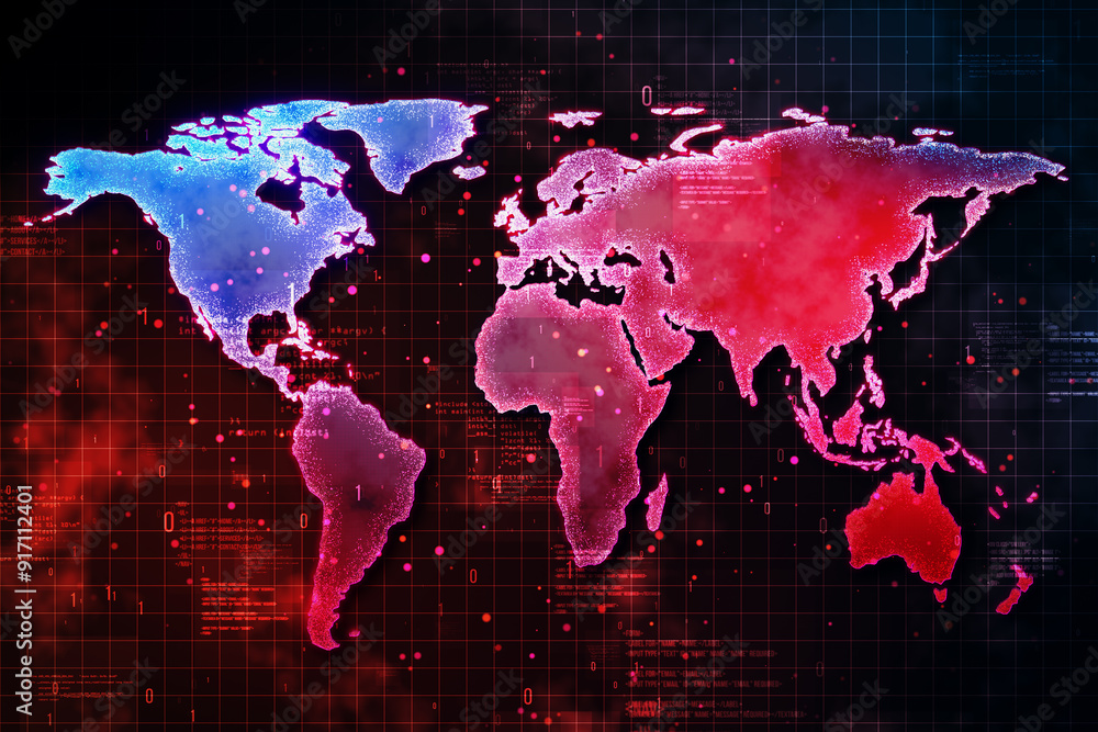 Aufkleber Global digital map with neon effect on dark grid background. 3D Rendering