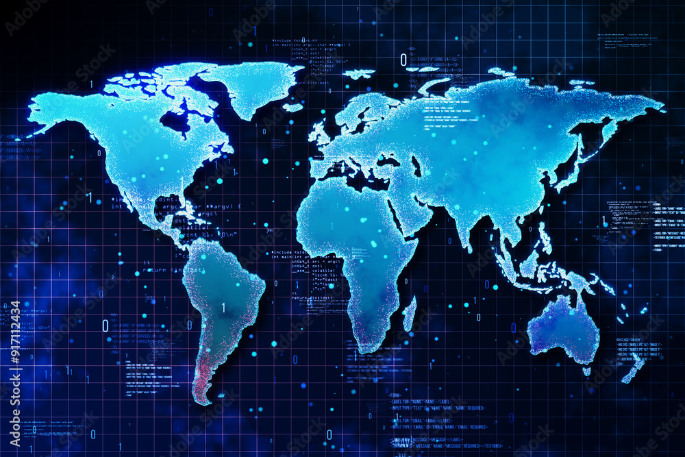 Poster Digital World Map with Neon Blue Highlights on Dark Background. 3D Rendering