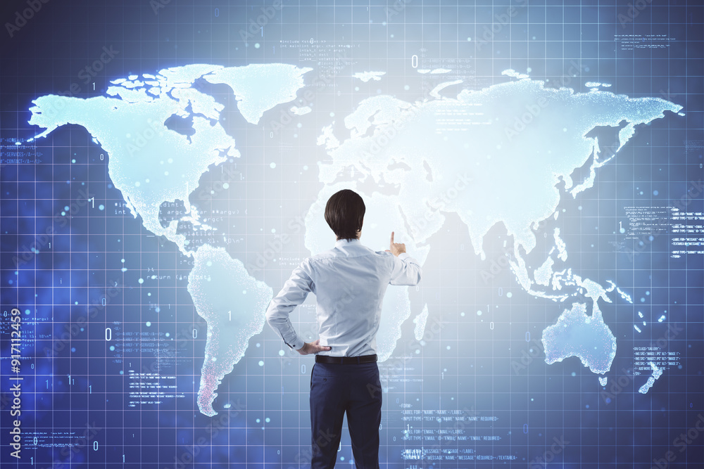 Poster businessman interacting with a virtual world map on a digital screen in a blue cyber background.