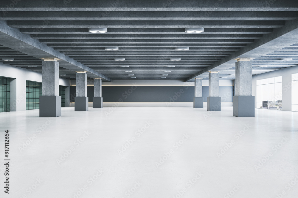 Poster Spacious empty interior with columns and windows. 3D Rendering