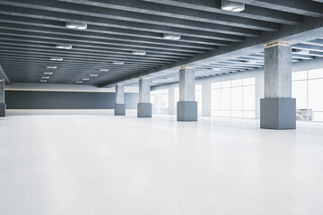 Modern empty interior space with columns and large windows. 3D Rendering