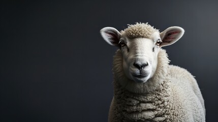 Fototapeta premium White fluffy sheep in a farm portrait, gazing into the camera. Generative Ai