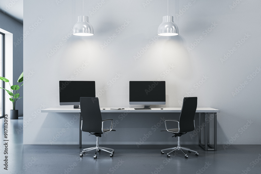 Poster modern office interior with two desks and computers. 3d rendering