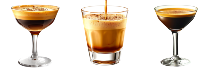 Set of 3 Espresso Martini on a Transparent Background, drink, beverage, coffee, hot, ice, cocktail, alcoholic, smoothie, party, bar, juice, pub, png file, cut off bg, 300 dpi