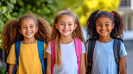 Happy diverse junior school students children group outdoors. Smiling multiethnic kids girls friends posing together. Study, education, back to school concept.
