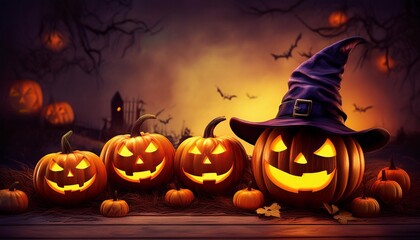 魔女の帽子をかぶった暗闇で光るハロウィンのカボチャ（Glow-in-the-dark Halloween pumpkin wearing a witch's hat）
