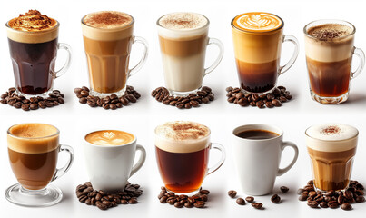 Cup of Coffee is isolated on a white background. A Hot Morning Invigoration Drink. A cup of hot latte or cappuccino. Coffee with milk. Place for Text. Copy Space.