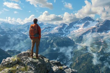 A lone hiker stands at the top of a majestic mountain, gazing out at the stunning landscape below. The breathtaking view stretches out as far as the eye can see.