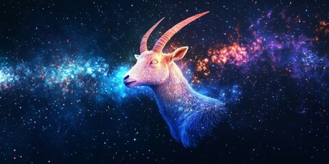 Enchanting Capricorn Zodiac Artwork: Majestic Goat Head Radiating Mystical Energy in Cosmic Realm. Captivating Abstract Design Symbolizing Ambition, Discipline, and Wisdom. Ideal for 4K Wallpapers, As