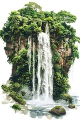 A breathtaking waterfall cascades down a rugged cliff, enveloped by the vibrant foliage of a tropical rainforest. The scene exudes serenity and natural beauty.