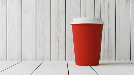 Empty red take away coffee cup on white background and wooden surface. Advertisement and mock up concept. 3D Rendering