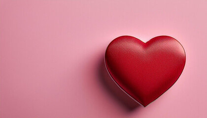 ピンク色の背景の左側に赤いハート形のオブジェクトが配置されています。ハートの立体感と影の効果により、シンプルながらも温かみのある雰囲気が漂っています。全体的に愛やロマンチックな感情を表現したデザインです。generative AI