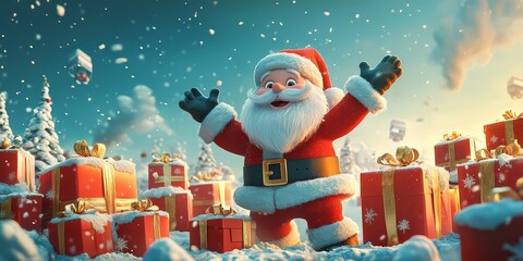 Santa's Joyful Delivery: A jolly 3D Santa Claus, surrounded by presents and falling snow, spreads Christmas cheer with open arms and a beaming smile. 