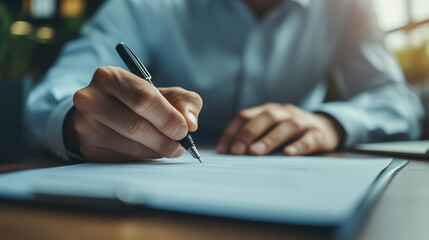 Close-up of a hand writing with a pen on a document in a professional setting.
