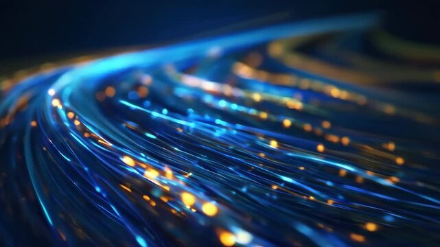 A mesmerizing flow of blue light trails with shimmering golden highlights, perfect for tech or abstract backgrounds.