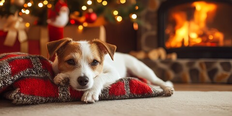 Cozy Christmas Pup: A Jack Russell Terrier finds warmth and comfort by the fireplace, nestled in a festive setting of twinkling lights and presents, embodying the spirit of a cozy holiday season. 
