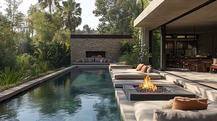 outdoor fire pit design around sitting area next to garden wall, warm minimalist, natural colors, bali style, plants, decorative pool