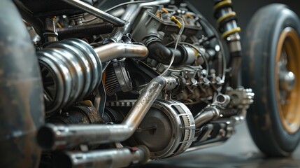 Close-up of a detailed motorcycle engine showcasing intricate parts and design.