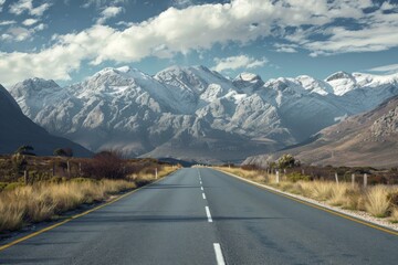 Fototapeta premium An empty road with scenic mountains and an open journey ahead Hyper realistic. Shot with canon 5d Mark III --ar 3:2 --style raw Job ID: 3e50dec7-882f-4816-9ce1-3871145c6067
