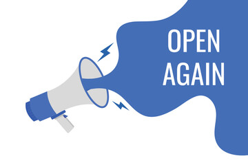 open again button, banner, label, template for website. open again text with colorful megaphone icon
