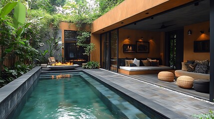 outdoor fire pit design around sitting area next to garden wall, warm minimalist, natural colors, bali style, plants, decorative pool