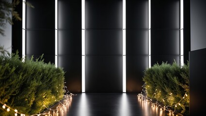 Fototapeta premium hallway featuring matte black walls, illuminated light boxes, and lush bushes adorned with party lights on both sides.