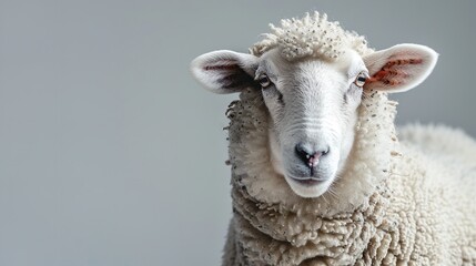 White fluffy sheep in a farm portrait, gazing into the camera. Generative Ai