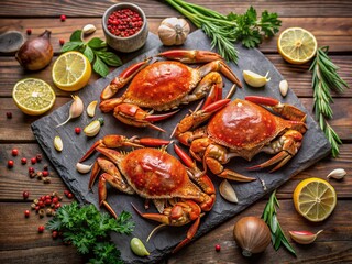 Freshly cooked crabs seasoned with aromatic spices and herbs, arranged artfully on a rustic slate table, evoking a sense of oceanic indulgence and culinary delight.