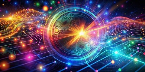 Fototapeta premium Vibrant futuristic abstract background featuring swirling digital circuits, neon particles, and glowing neural networks, representing technological advancements and artificial intelligence principles.