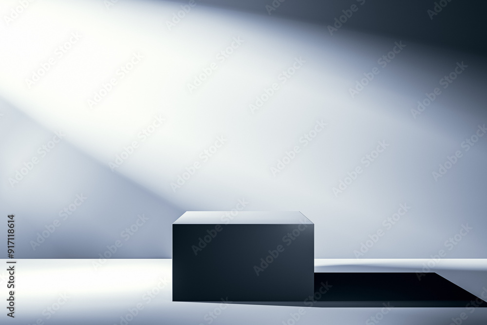 Aufkleber spotlight on a grey cube in a minimalist studio scene. 3d rendering