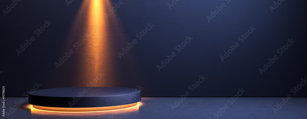 Poster empty round podium with orange spotlight on dark background. 3d rendering