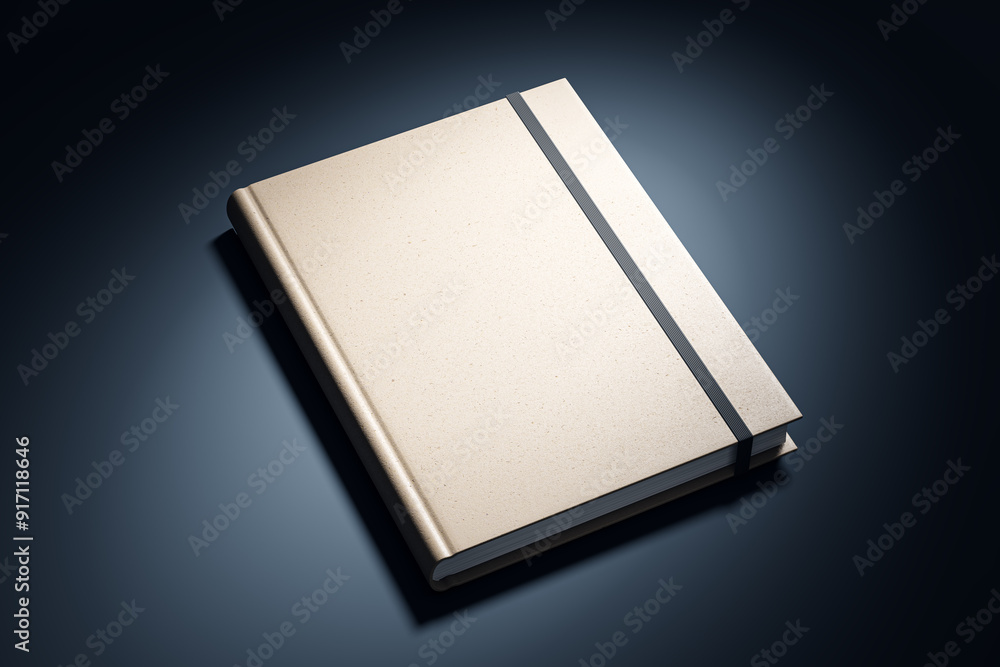 Poster hardcover book mockup with elastic band on dark background. 3d rendering