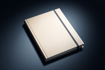Hardcover book mockup with elastic band on dark background. 3D Rendering