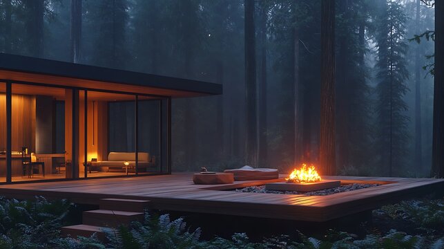 midcentury modern small office with modern floating deck with roaring firepit, surrounded by 200ft doug fir trees, nite sky, modern firepit, midcentury modern, single point perspective, minimalism,