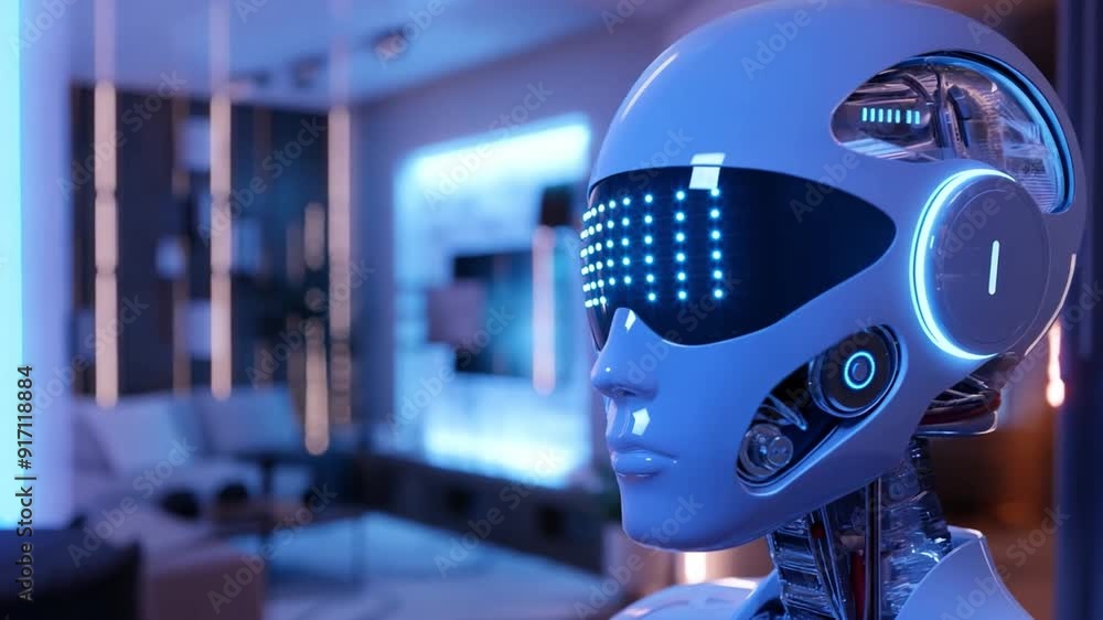 Poster advanced robot featuring illuminated visuals and sleek design, showcasing cutting-edge technology in