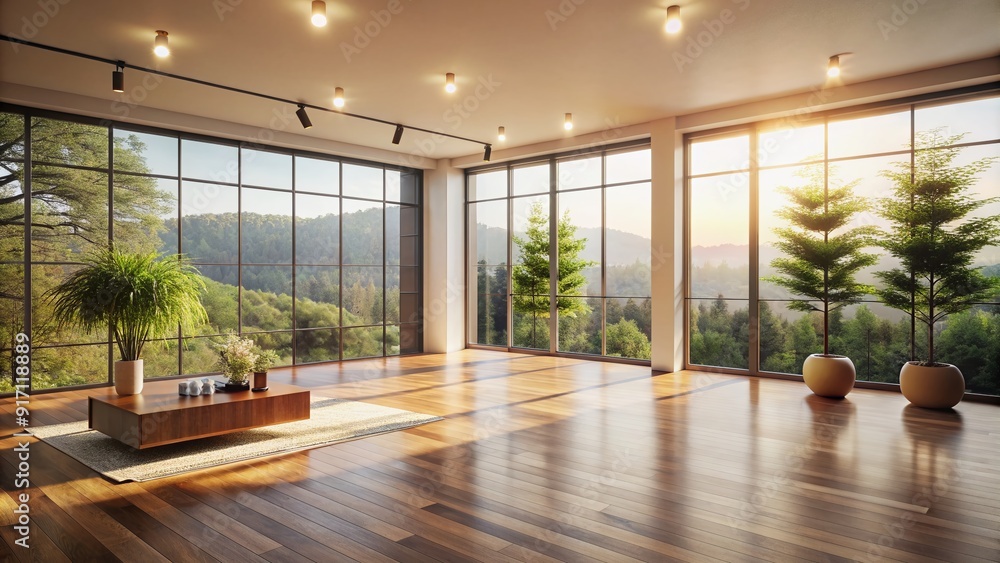 Poster serenely lit empty room with minimalist decor, large windows allowing copious natural light to flood