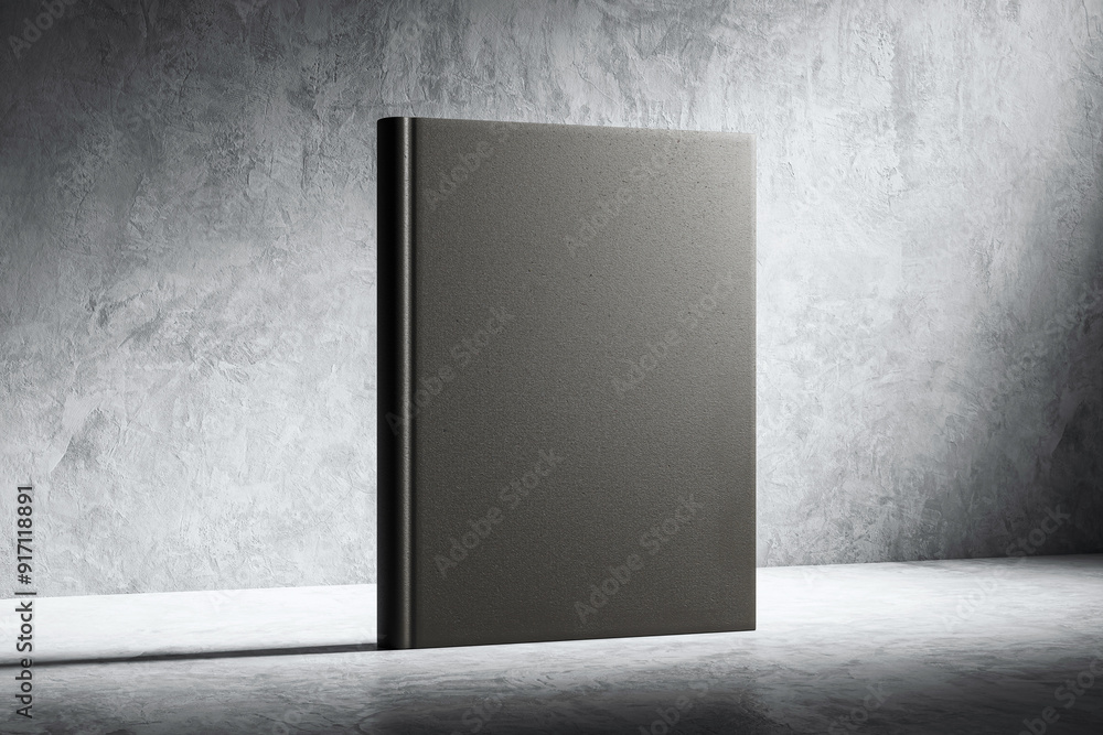 Poster blank hardcover book mockup standing on concrete table with spotlight. 3d rendering