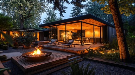 midcentury modern small office with modern floating deck with roaring firepit, surrounded by 200ft doug fir trees, nite sky, modern firepit, midcentury modern, single point perspective, minimalism,