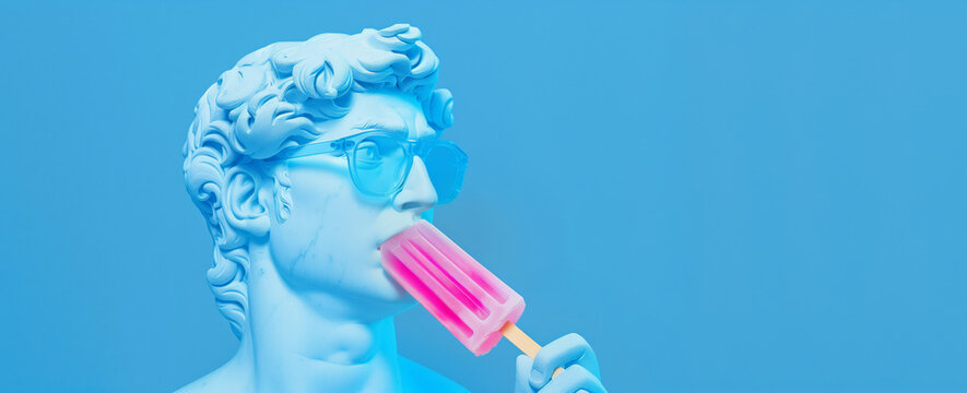 A classic statue with sunglasses enjoying a pink popsicle against a vibrant blue backdrop, creative summer background 
