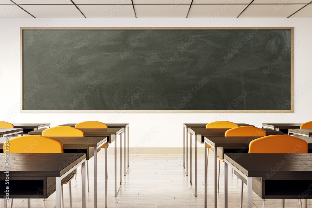 Poster Modern Classroom Interior with Empty Desks and Blackboard. 3D Rendering