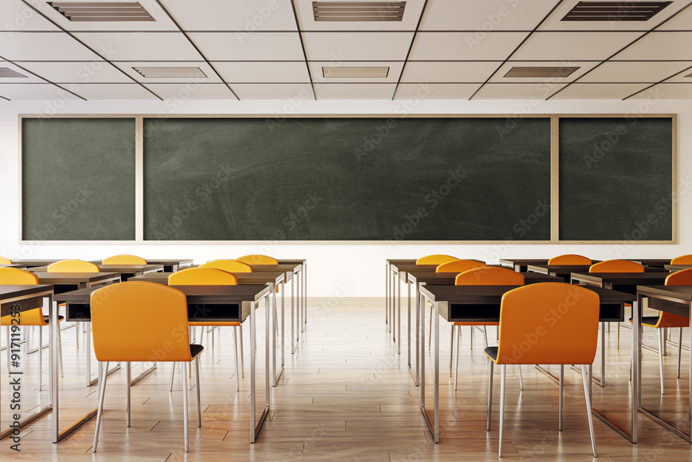 Poster modern classroom interior with empty desks and large blackboard. 3d rendering