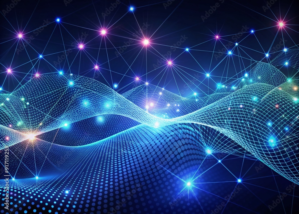Poster vibrant wave of dots and intricate weave lines undulate across a dark blue abstract cyberspace backg