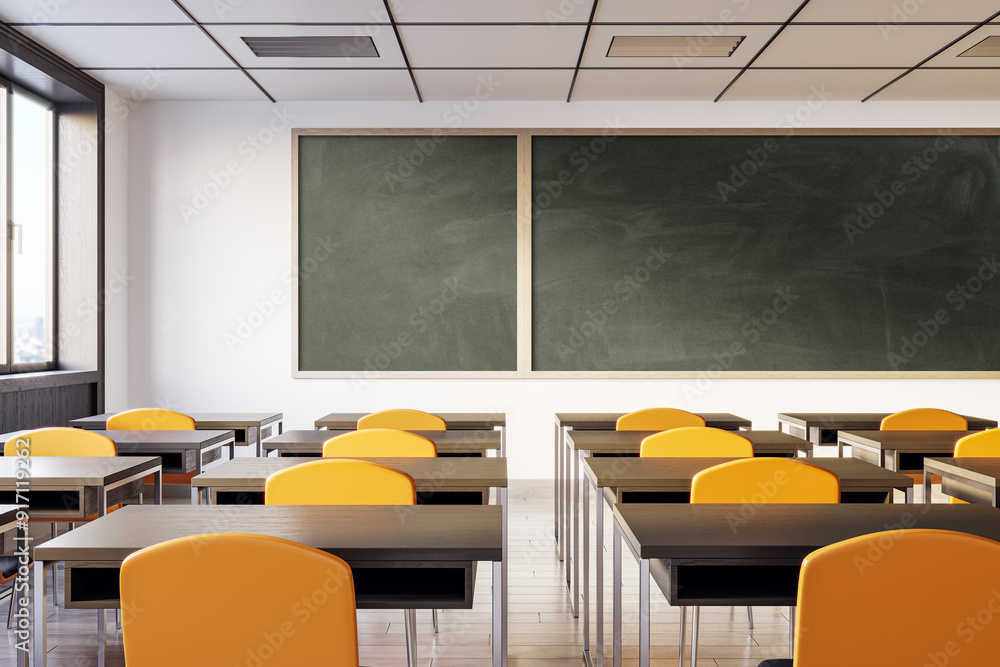 Poster modern classroom interior with empty desks and blackboard. 3d rendering