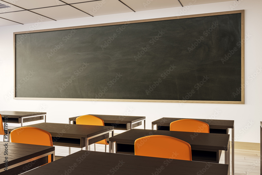 Poster modern classroom interior with large blackboard and empty desks. 3d rendering