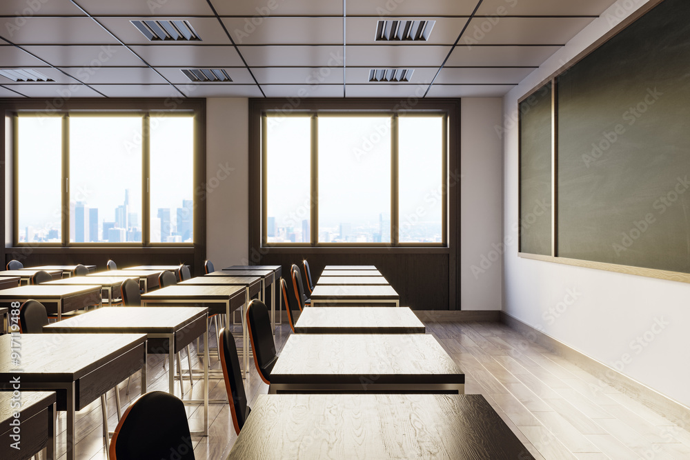Poster modern classroom interior with empty desks and chalkboard. 3d rendering