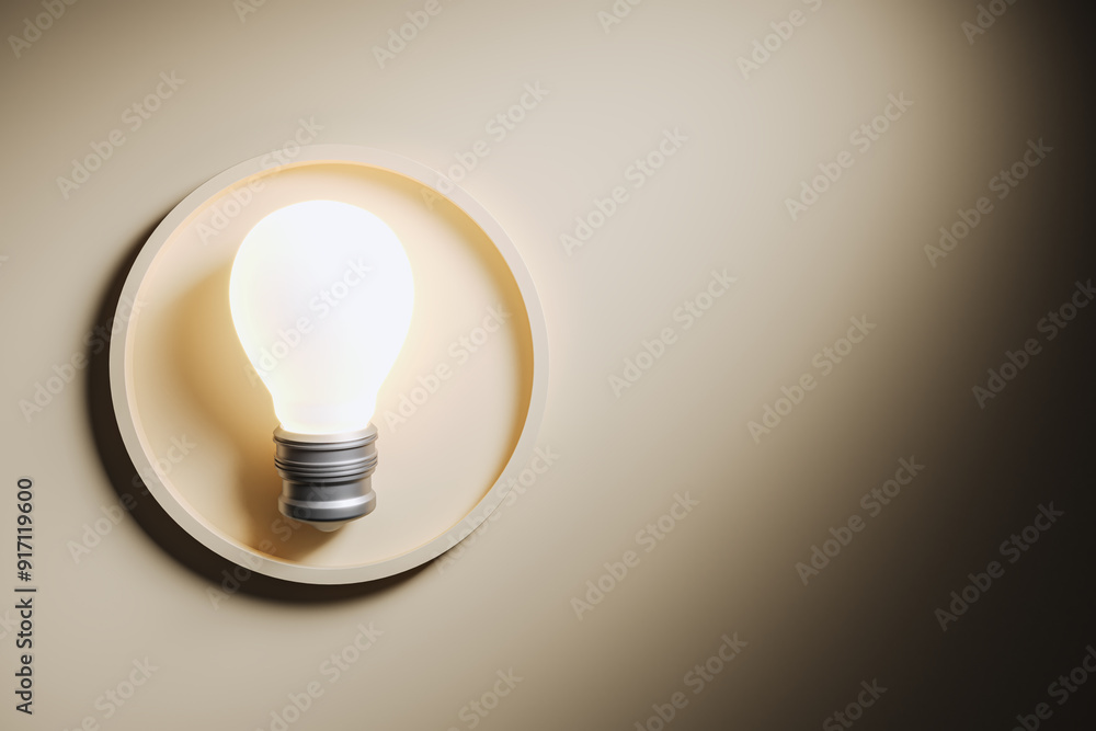 Poster Illuminated lightbulb on round wall fixture in shadowed room. 3D Rendering