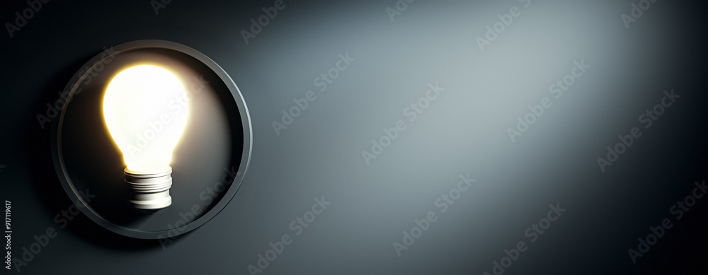 Poster Illuminated lightbulb on dark background with copy space. 3D Rendering