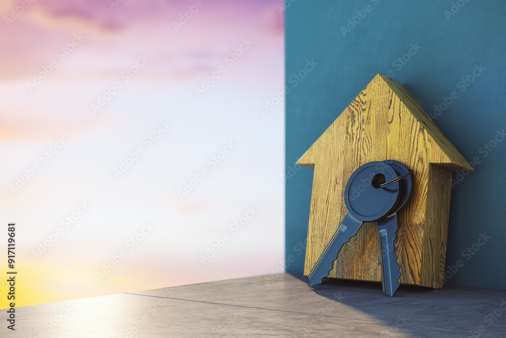 Aufkleber house-shaped wooden figure with keys on a table. 3d rendering