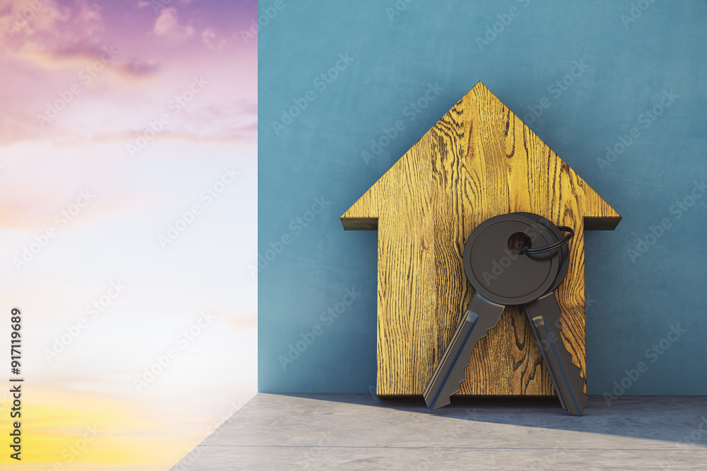 Poster wooden house-shaped figure with keys on blue background. 3d rendering